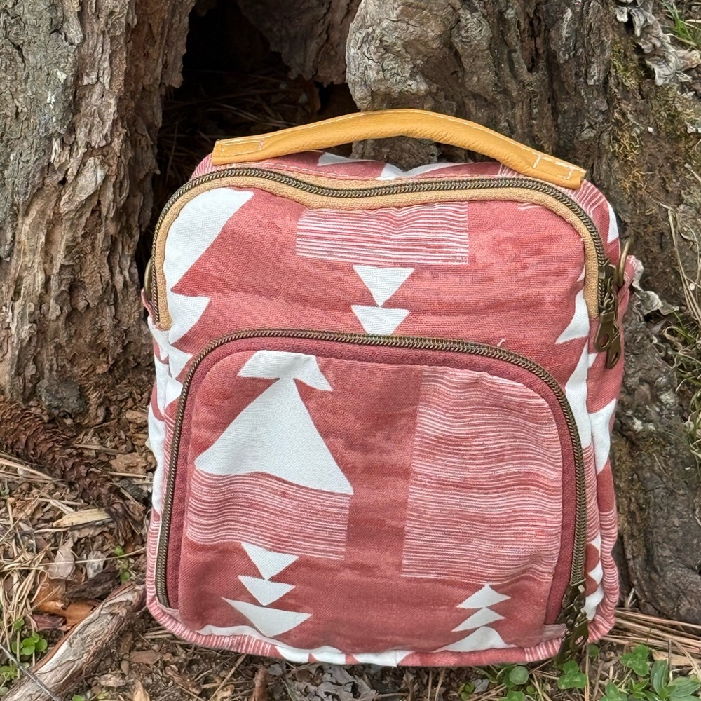 Geometric Pattern canvas  Backpack with mustard yellow leather Handle
